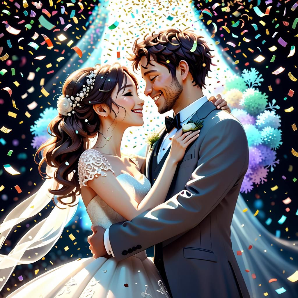 Anime Bride and Groom Kissing in Confetti