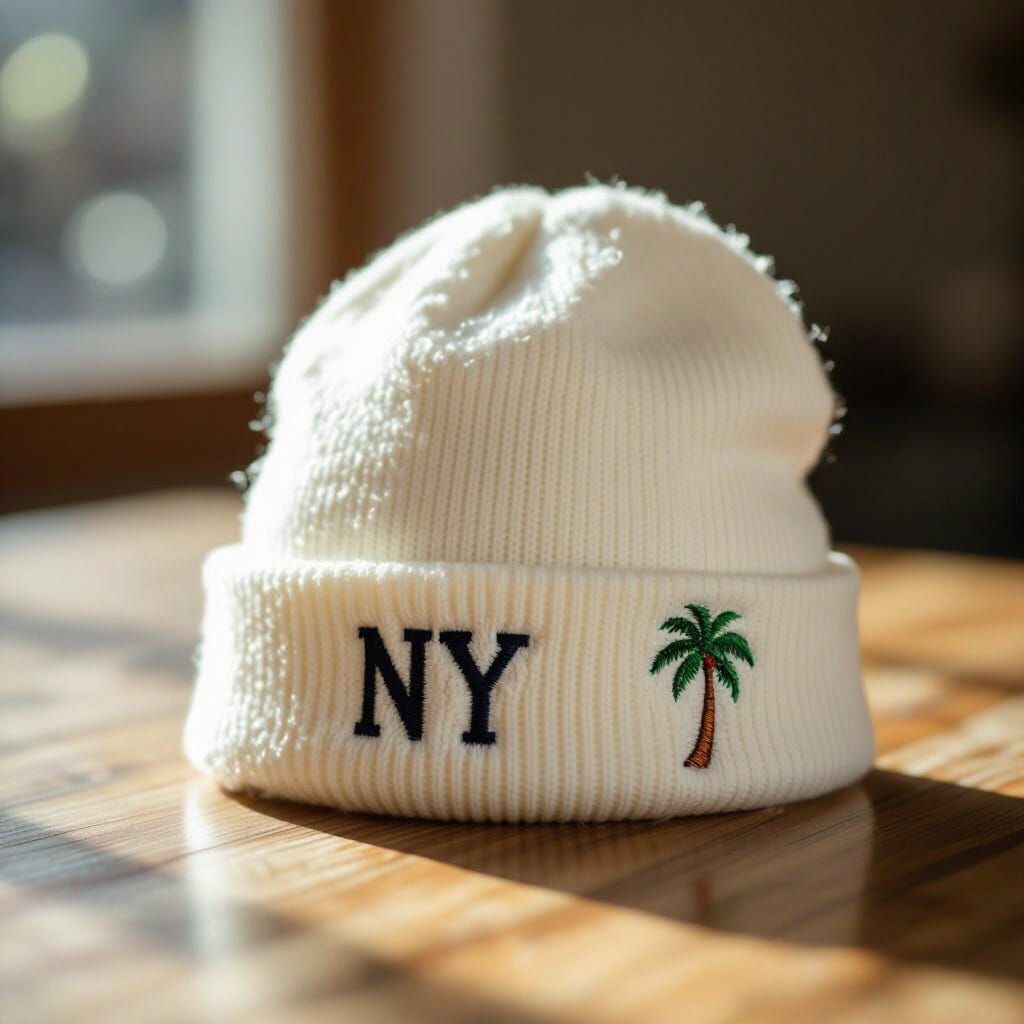 White Marino Wool Beanie with NY and Palm Tree Embroidery