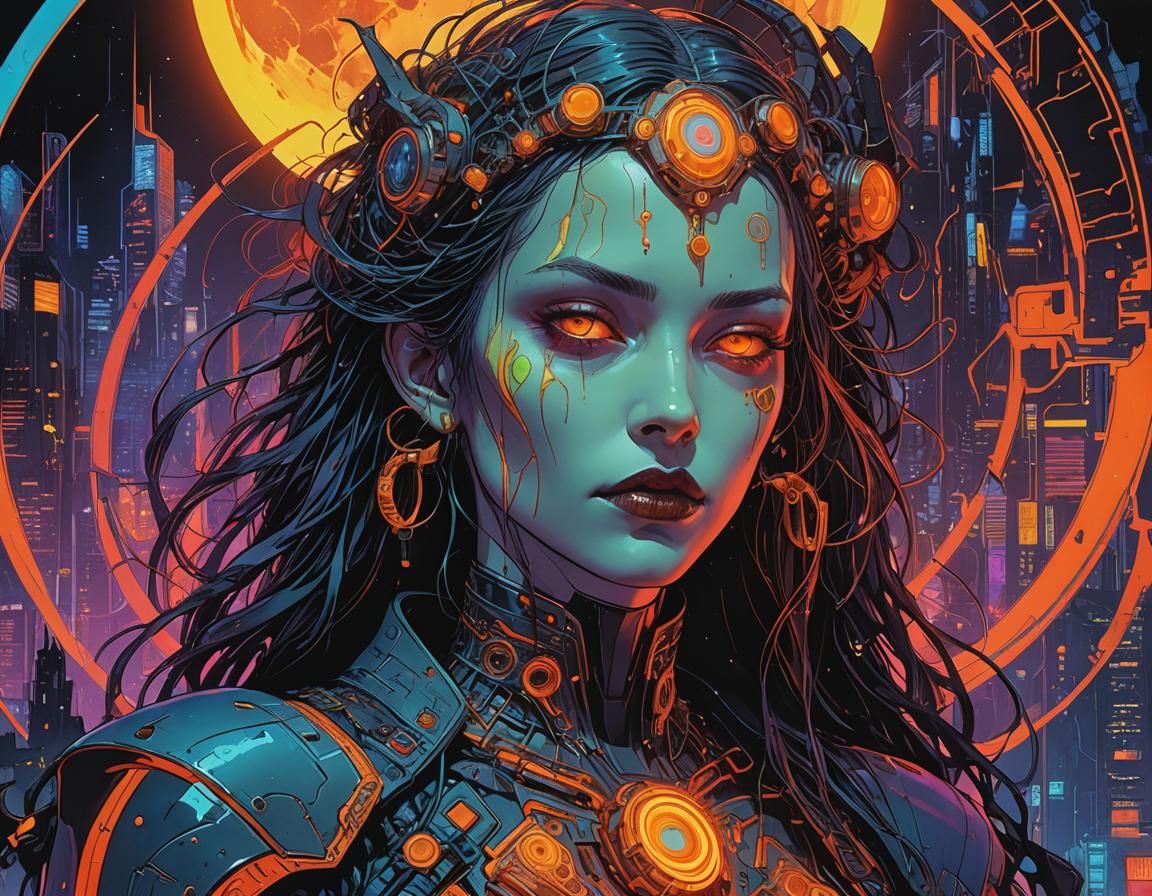 Neon Cyberpunk Vampire Maiden in Moebius Style