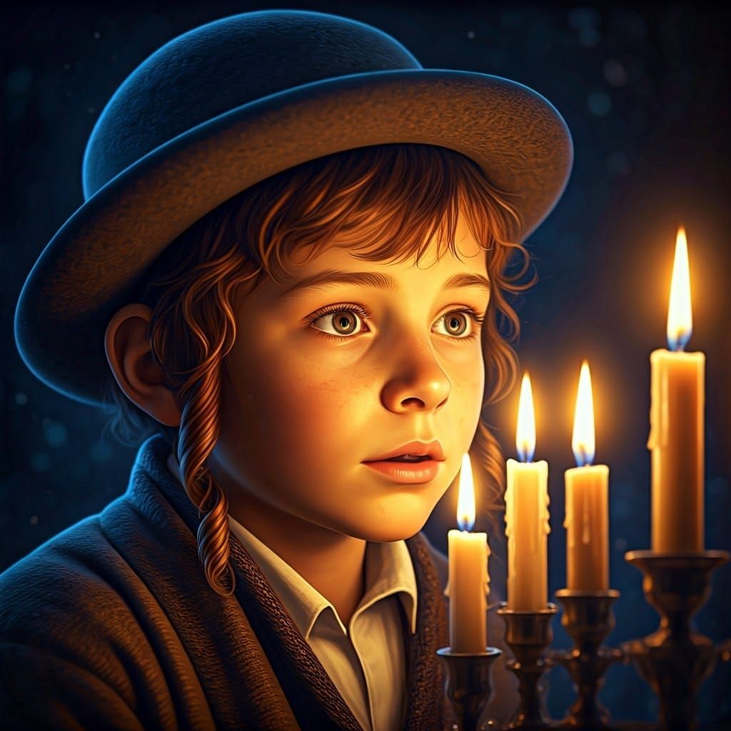 Young Boy in Wonder Before Mysterious Hanukkah Candles