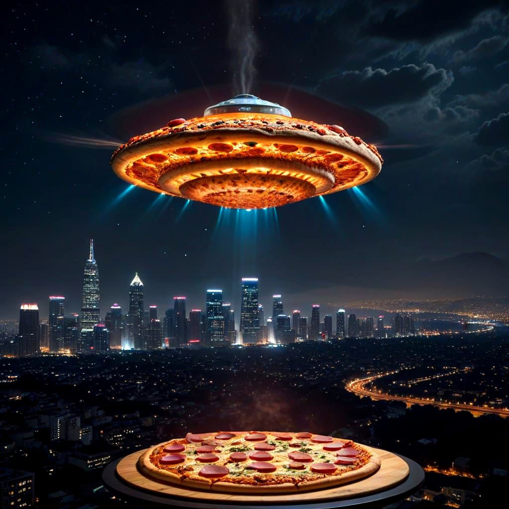 Pizza UFO Over Megacity at Night