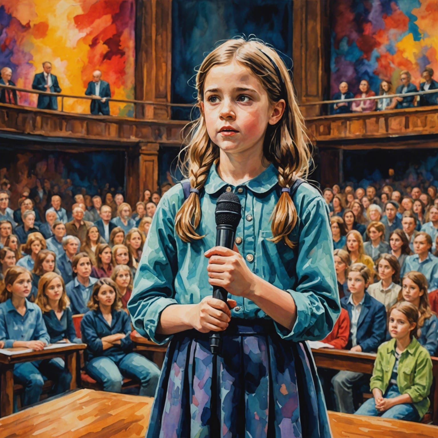 Girl Giving Speech on Stage in Gouache Style