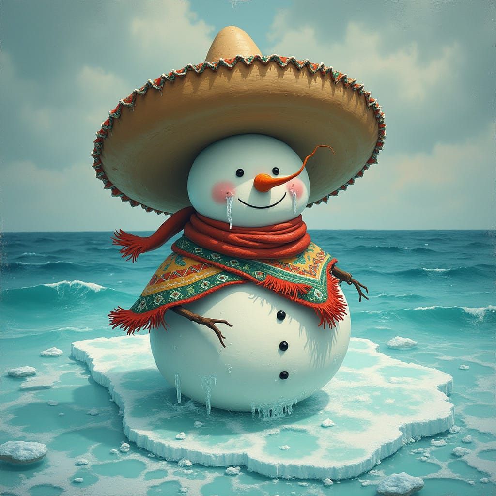 A Melancholic Snowman in a Sombrero Sighs on the Ocean Ice