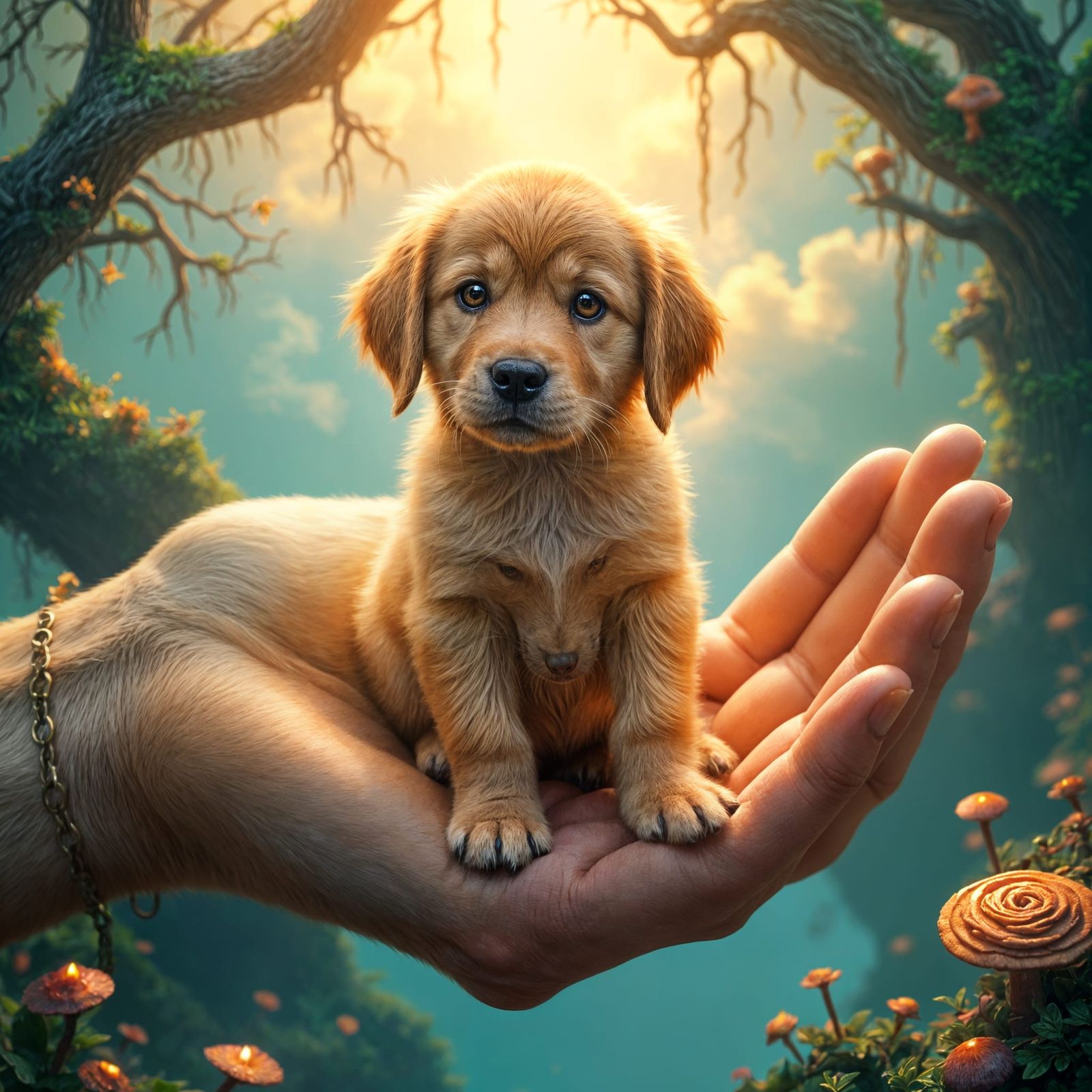 Golden Retriever Puppy in Hand: Detailed Matte Painting