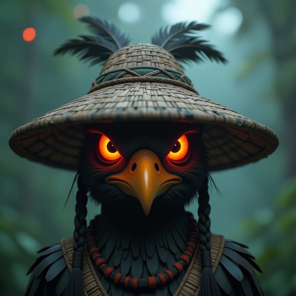 Ancient Bird Statue with Tribal Hat in Digital Matte Paintin...