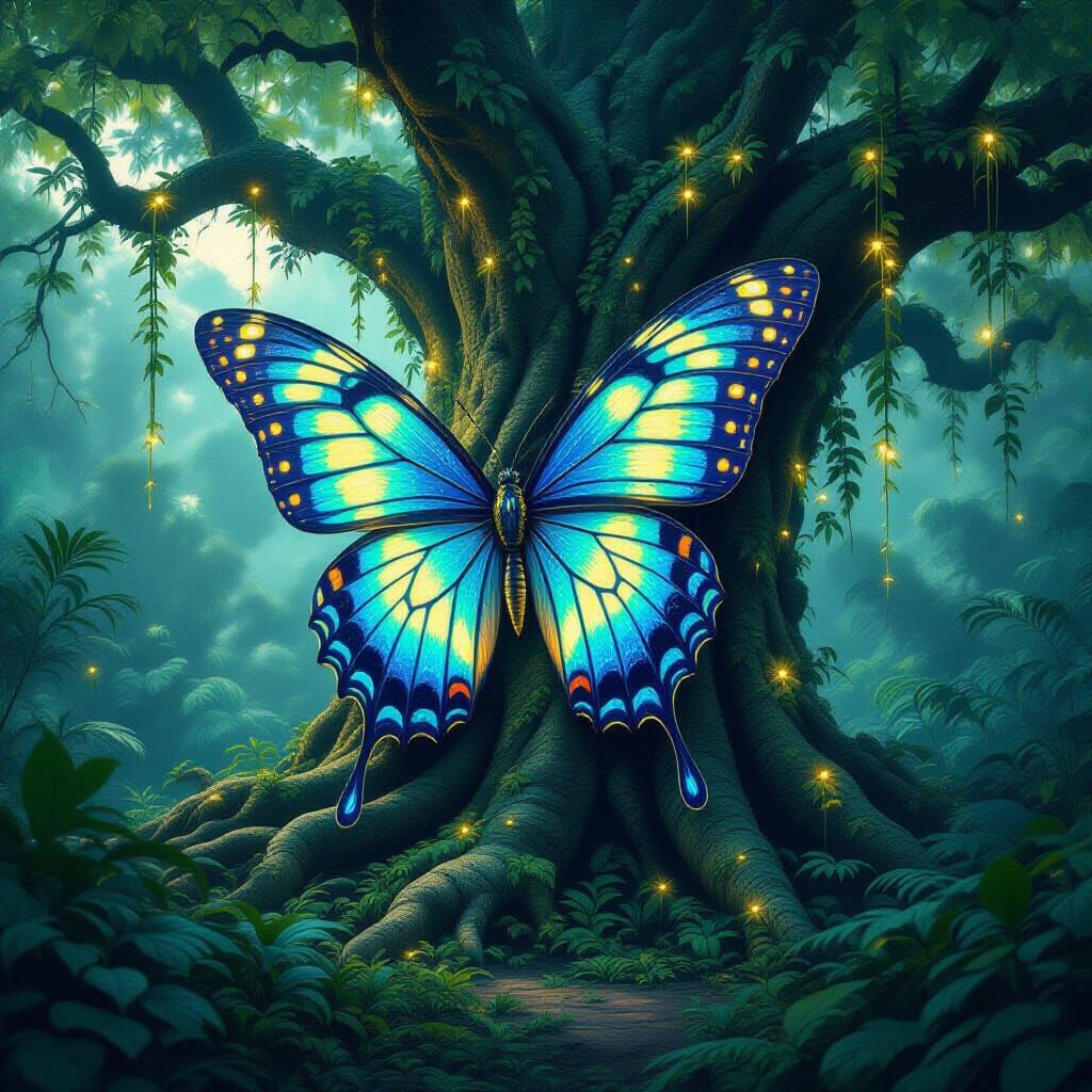 Giant Bioluminescent Butterfly on Ancient Tree in Ethereal J...