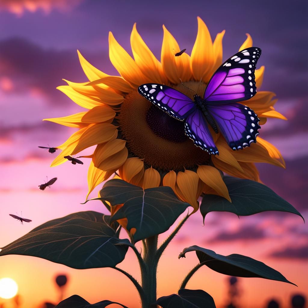 Sunflower, Butterfly at Sunset: Fantasy Concept Art