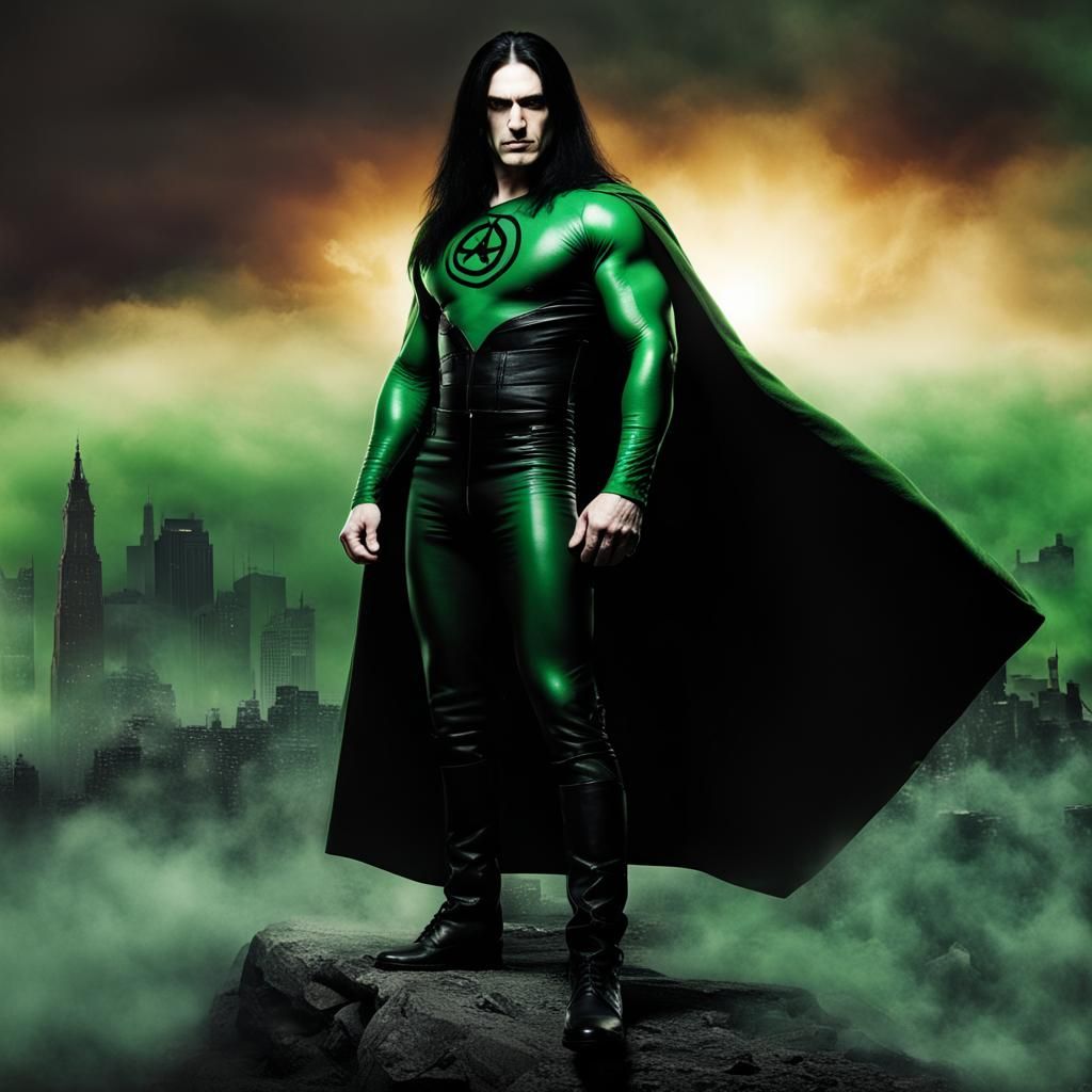Young Muscular Man in Black Jumpsuit and Green Cape