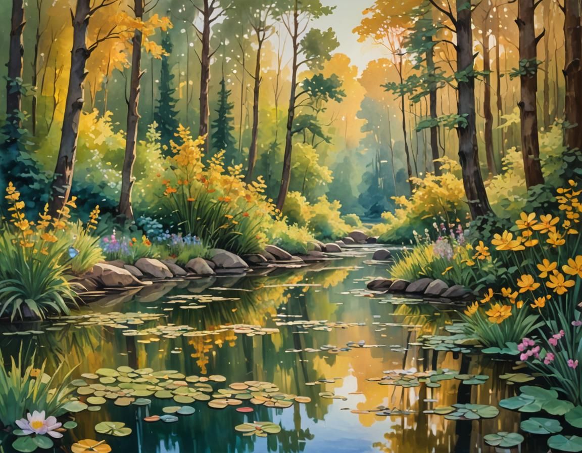 Golden Landscape in Gouache and Watercolor Style