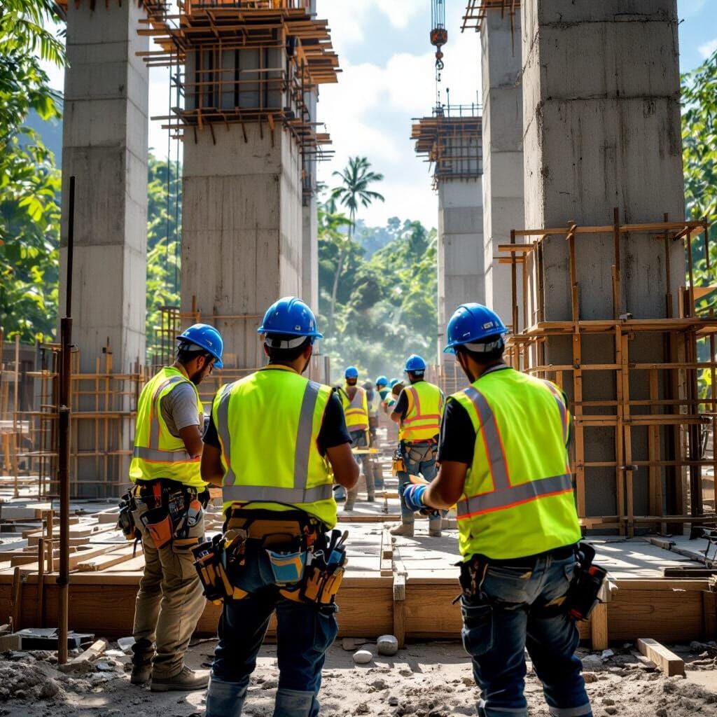 Realistic Photo: Construction Workers Building Concrete Colu...