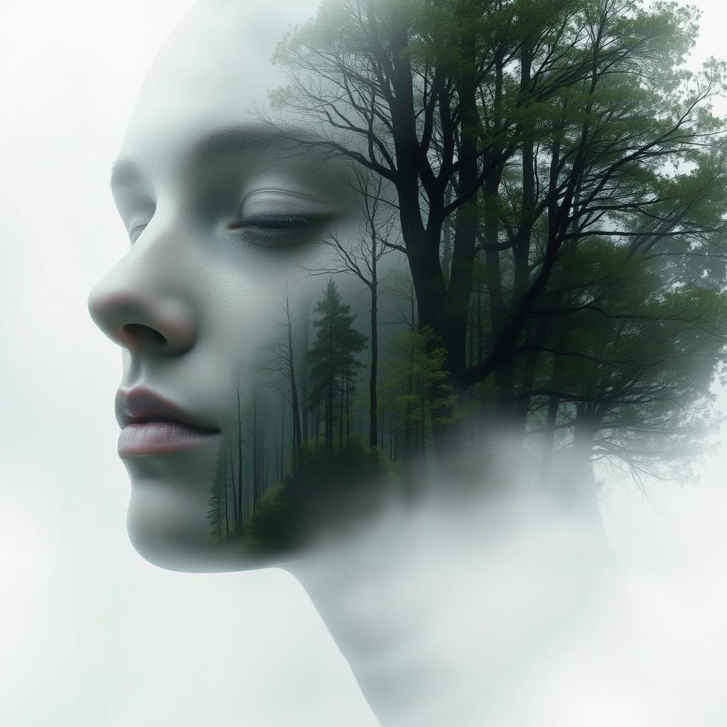 Surrealist Portrait of a Human Face Blending with a Forest L...