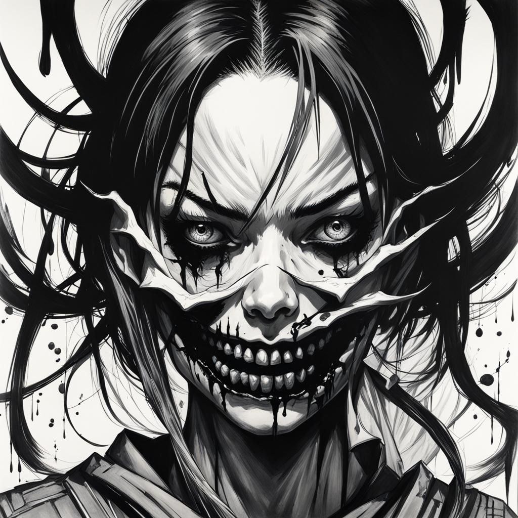 Girl in Horror Manga Style Black and White Drawing