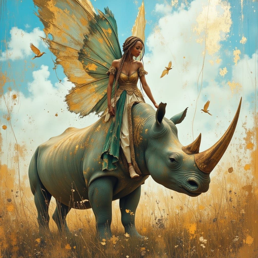 Fairy Warrior Goddess on Rhino in African Jungle