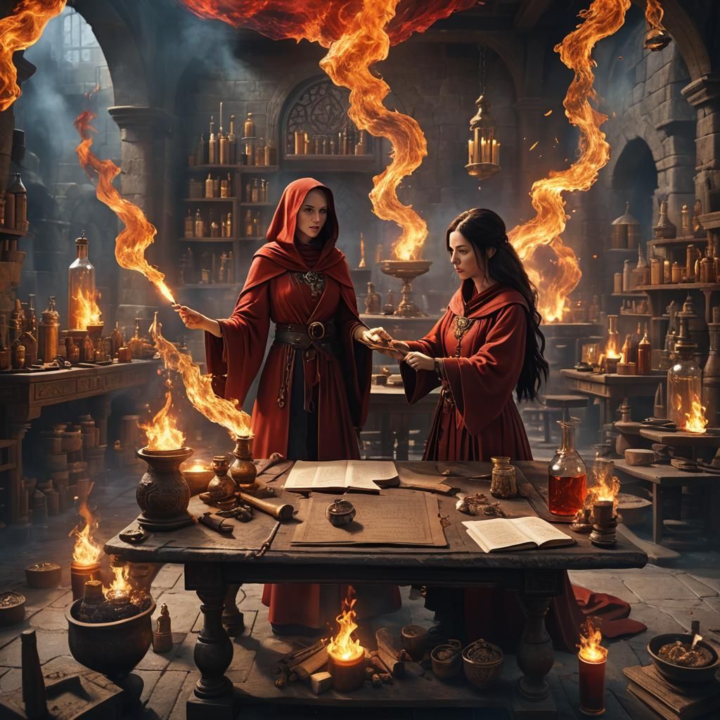 Young Fire Mages in a Magical Laboratory