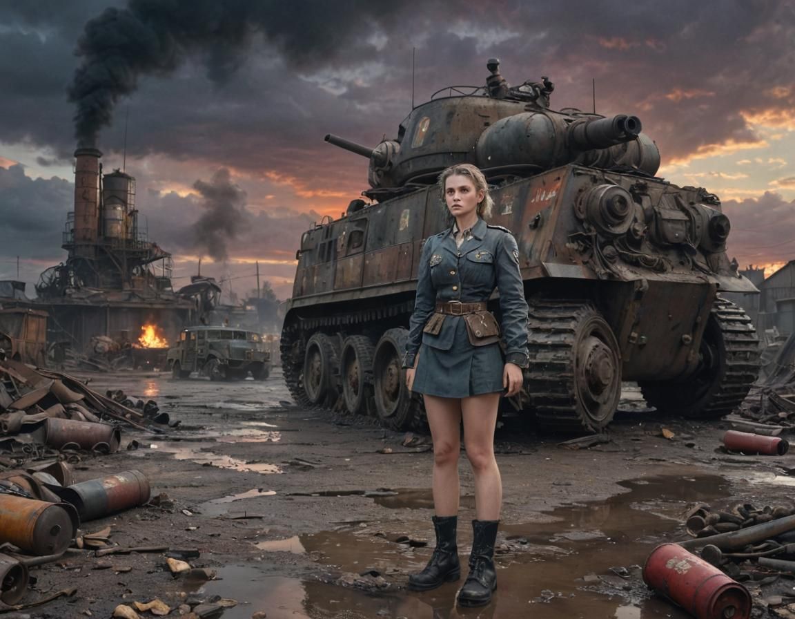 Dieselpunk Soldier in Industrial Wasteland at Sunset