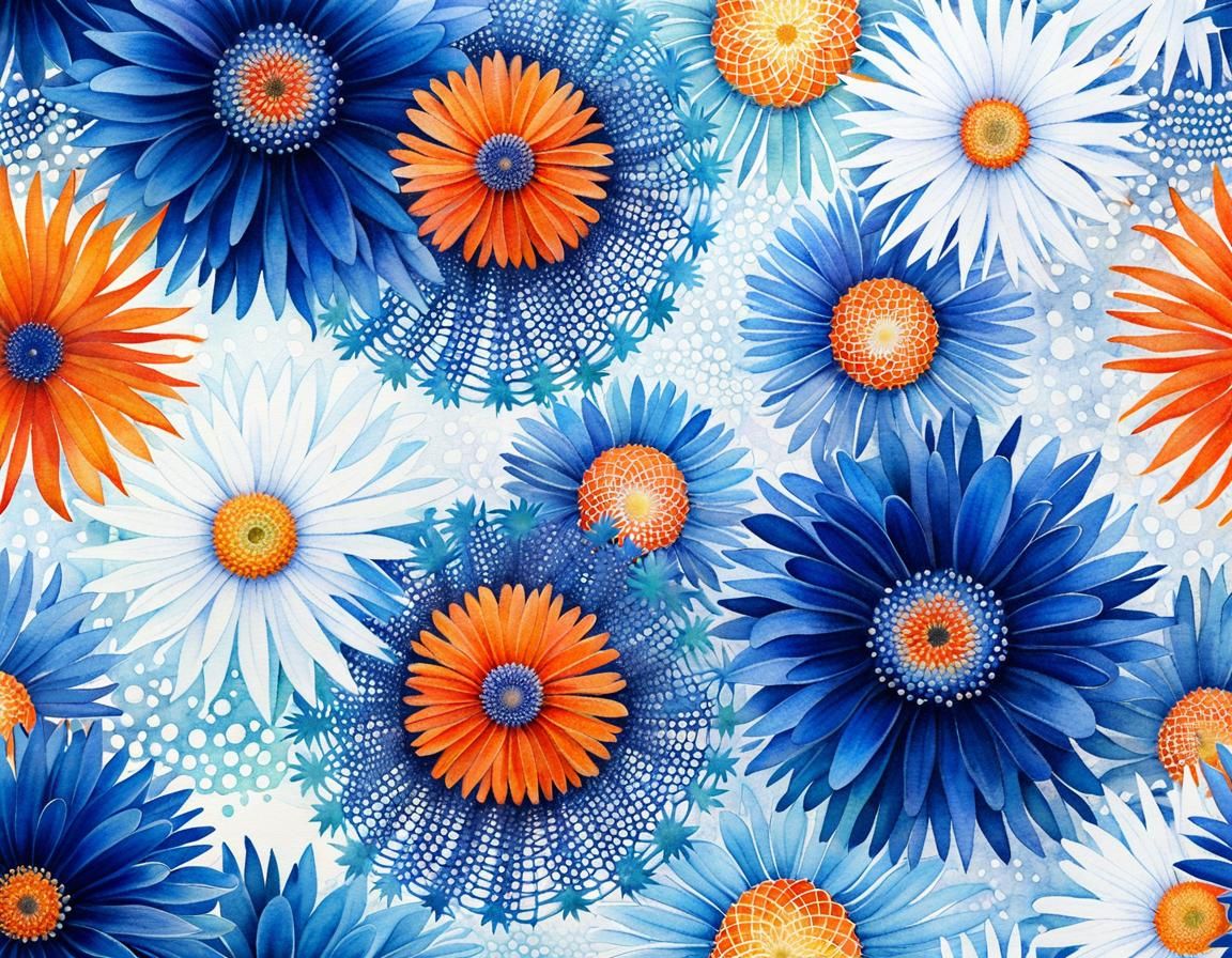 Ethereal Asters in Pointillism and Spirograph Style