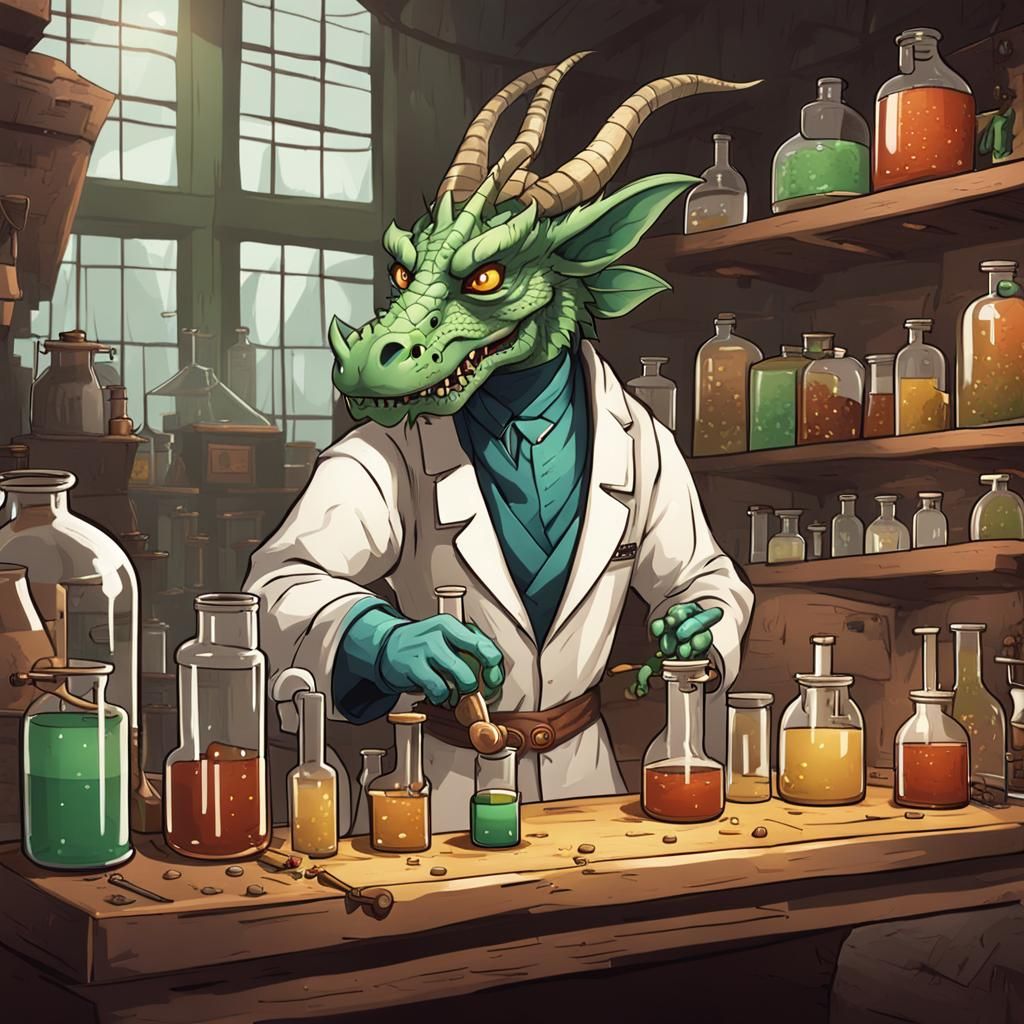Dragon Scientist in a Primitive Lab