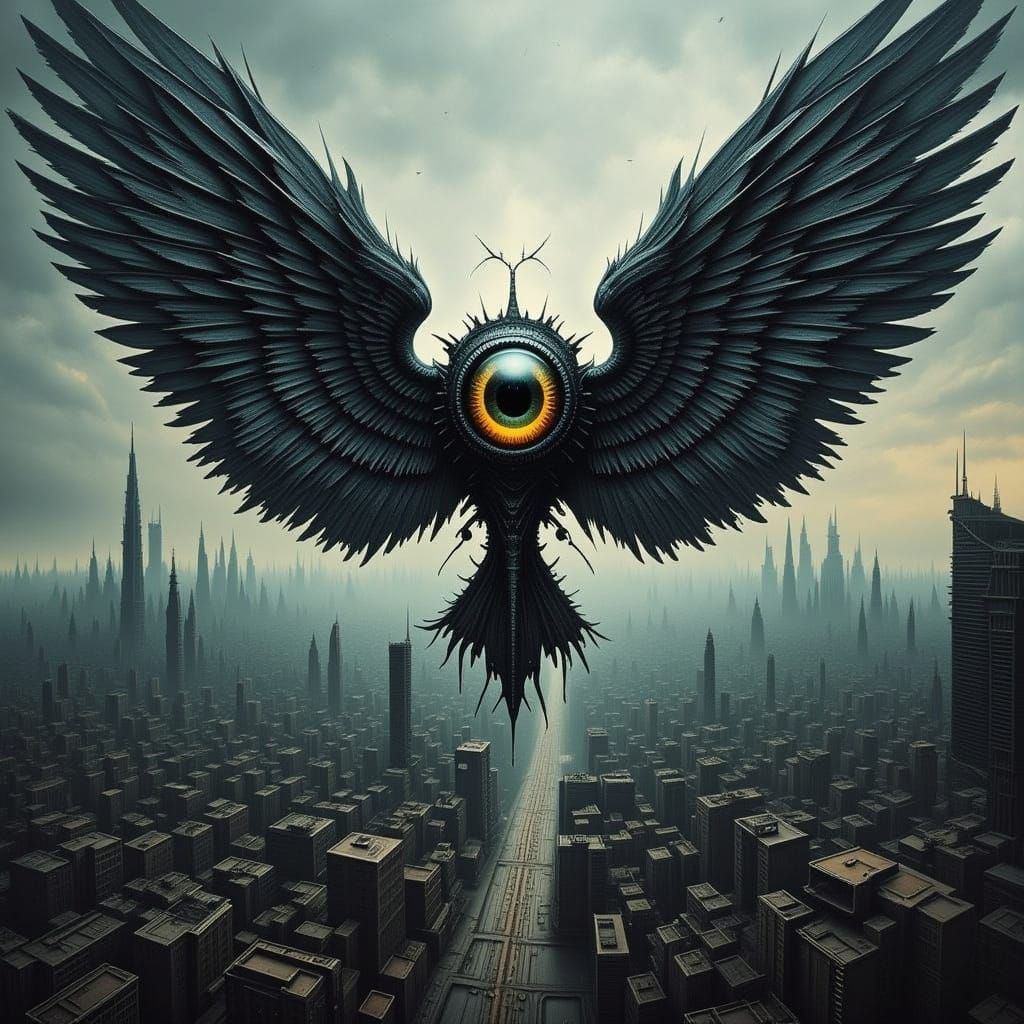 Flying Eye Over Dystopian City in Flux Style