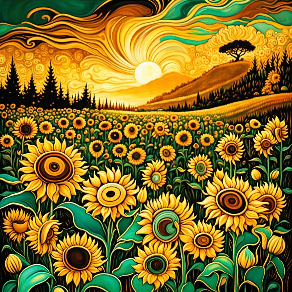 Golden Sunflowers Field in Magical Fantasy Style