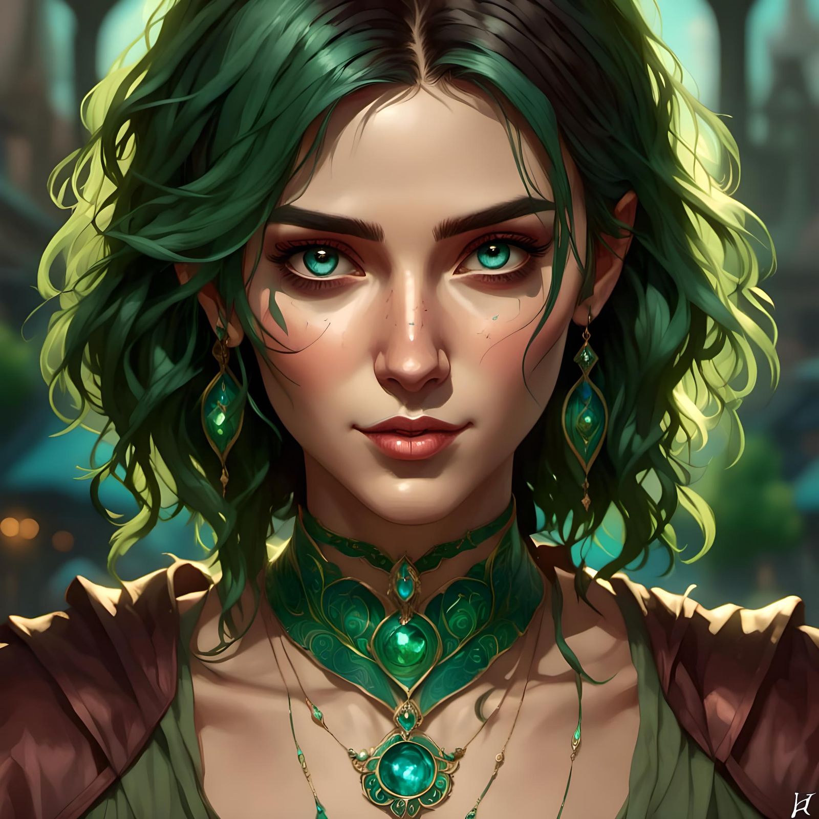 Female, College Student, Dark Green Hair, Light Green Highli...