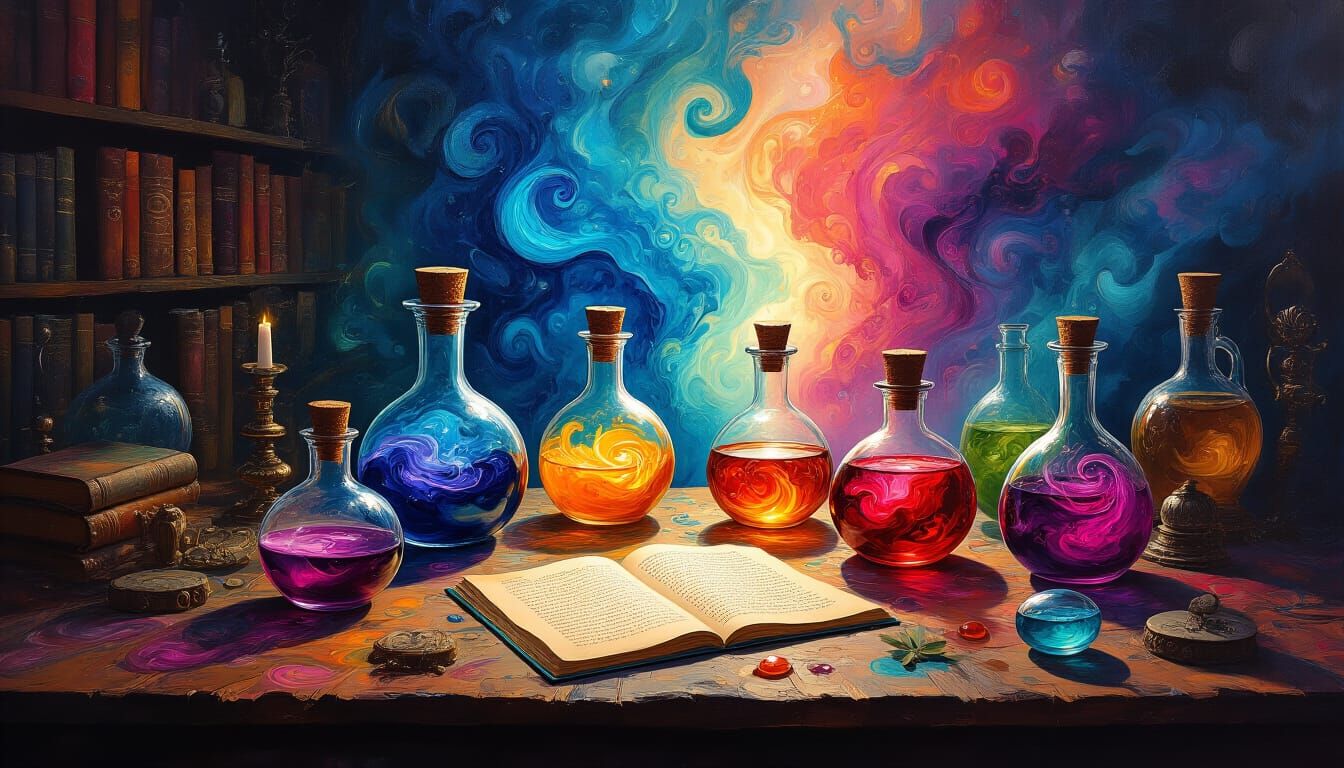 Magic Potions with Psychedelic Swirls in Oil Painting Style