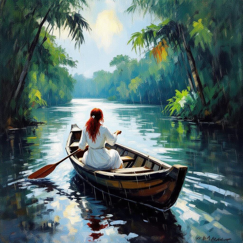 Impressionist Painting Of Woman Rowing Boat In Amazon Rain