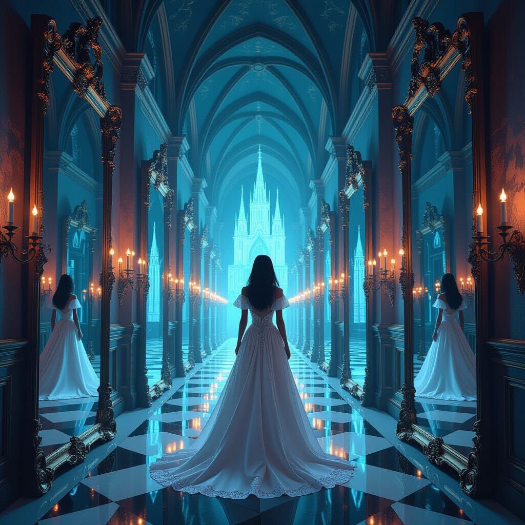 Woman in Time-Reflecting Mirror Corridor in Futuristic Style