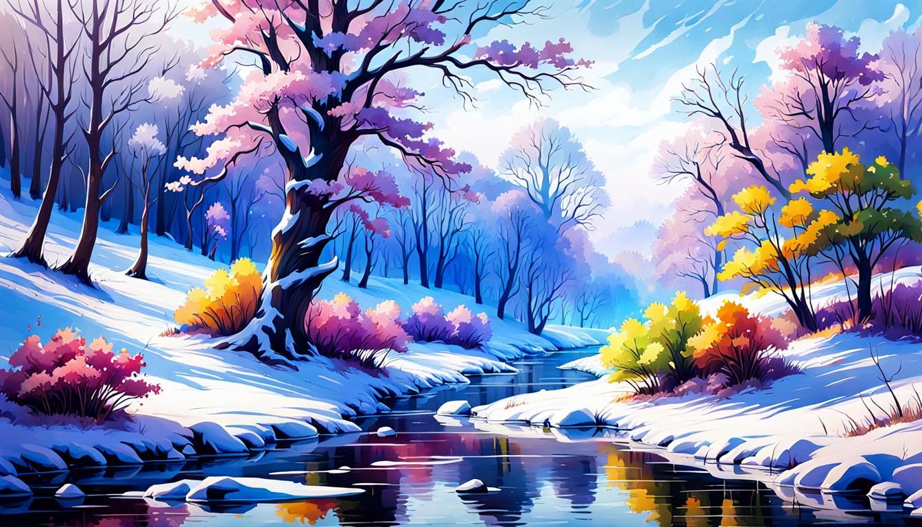 Colorful Frozen River Landscape in Watercolour Style