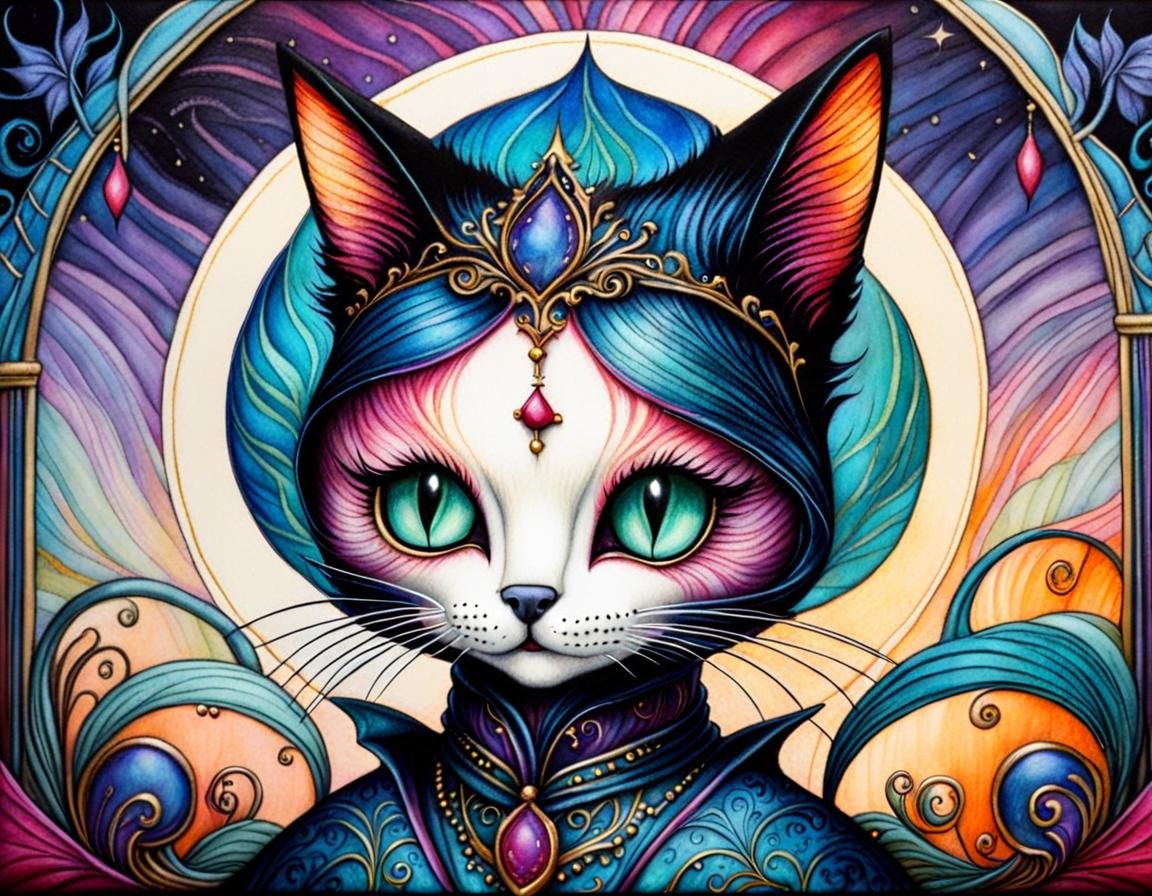 Whimsical Gothic Cat in Casablanca, Alcohol Ink Art