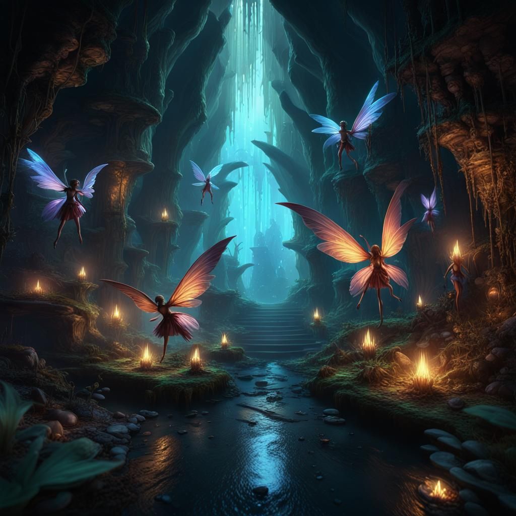 Faery Realm Descent: Luminescent Fairies in a Cavern