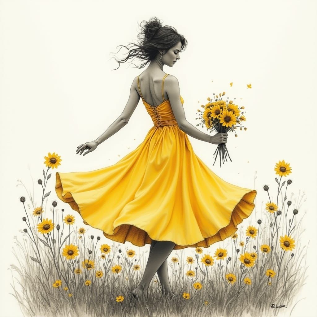 Curvaceous Woman in Yellow Sundress Dancing with Wildflowers