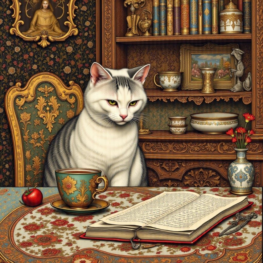 An afternoon cup of tea, an open manuscript, and a cat.
