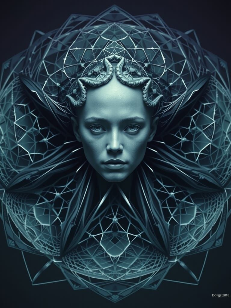 Intricate Fractal Cyborg: Metallic Lace Geometry