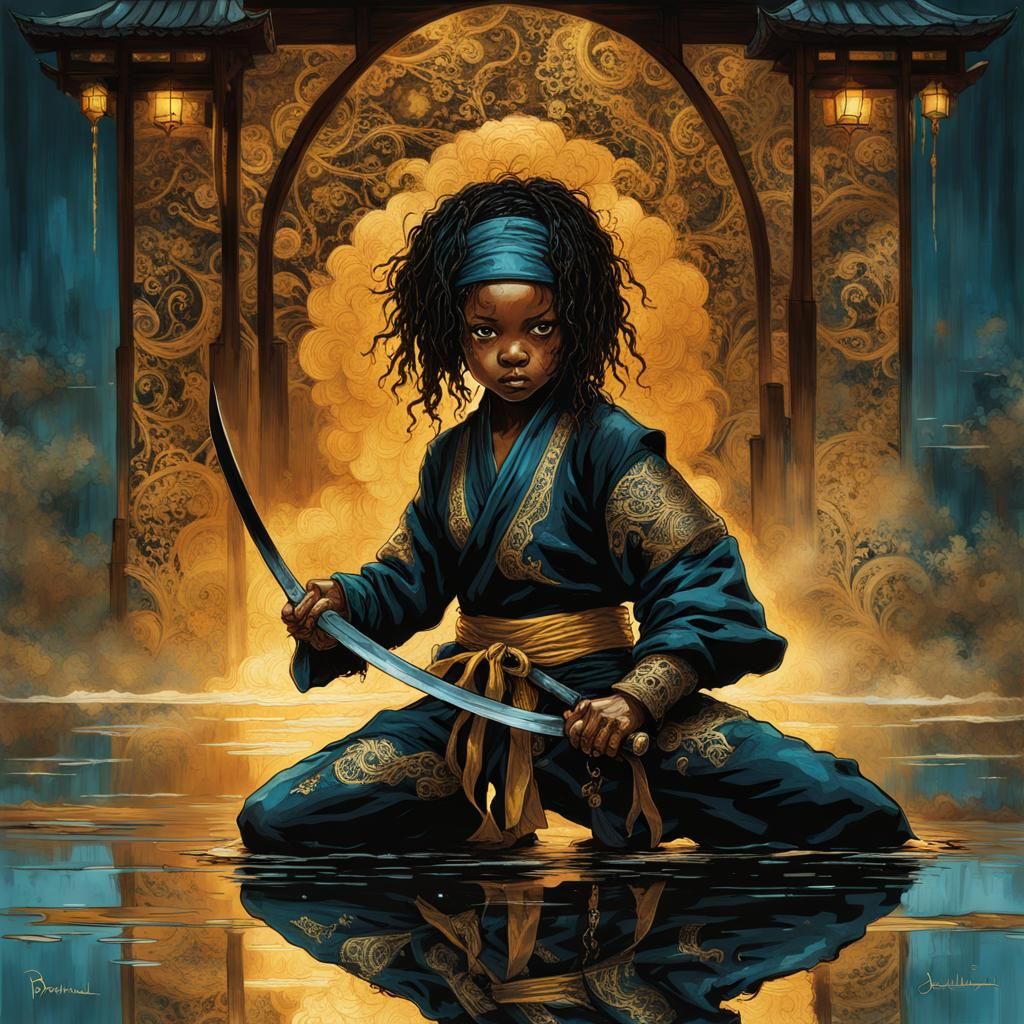 Bioluminescent Chibi Ninja Fight in Dark Fantasy Style