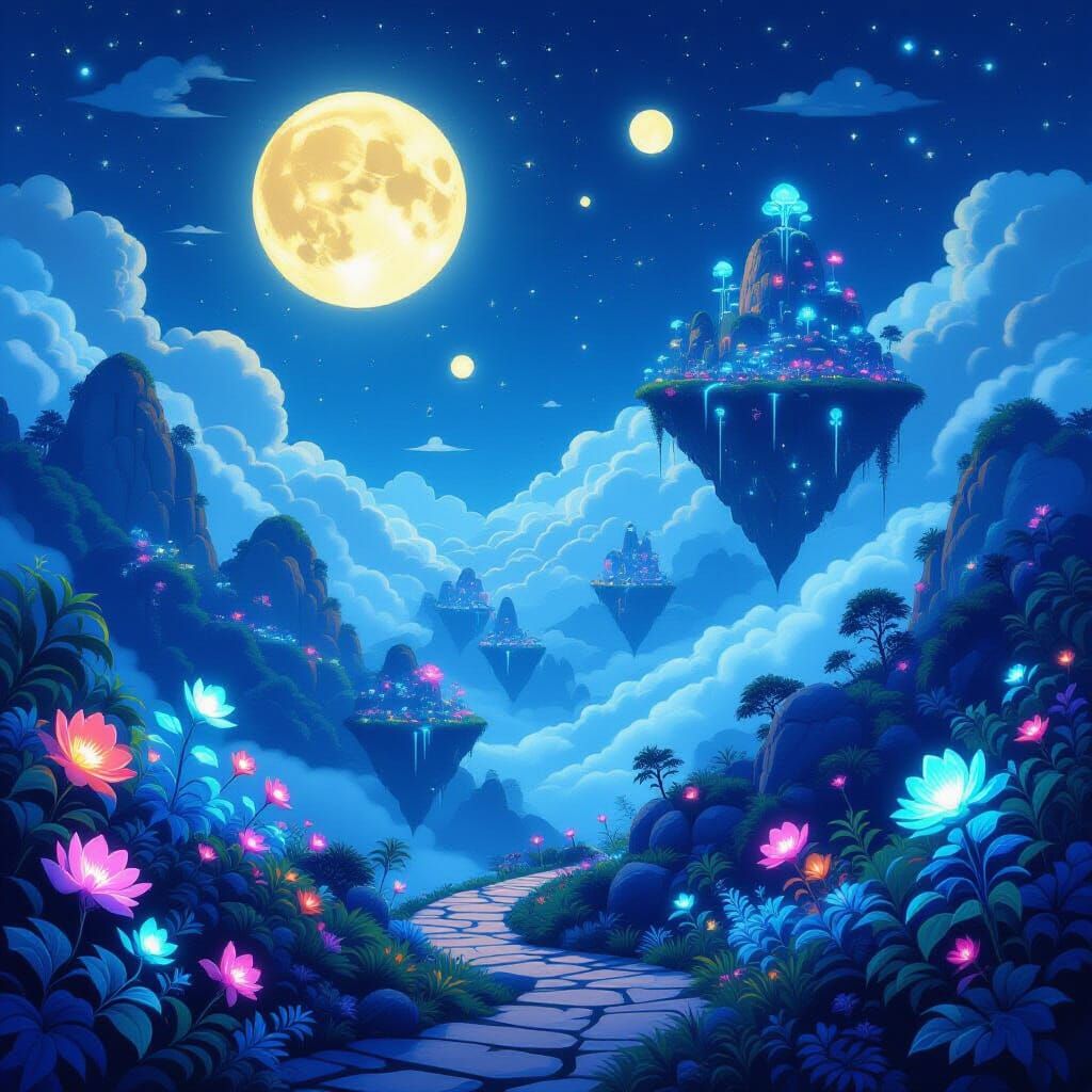 Whimsical Fantasy Landscape with Floating Islands and Biolum...