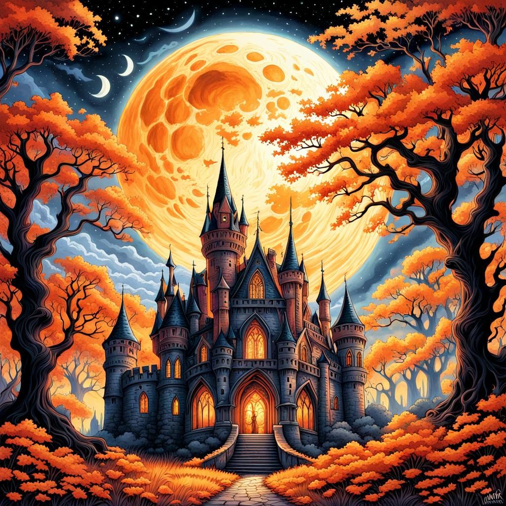 Haunted Gothic Castle Under Moonlight in Watercolors