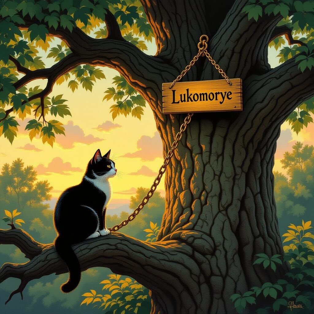 Wise Cat Chained to Oak Tree in Lukomorye
