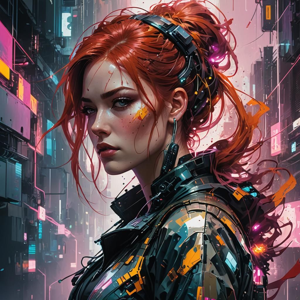Futuristic Redhead in Cyberpunk Vaporwave Style