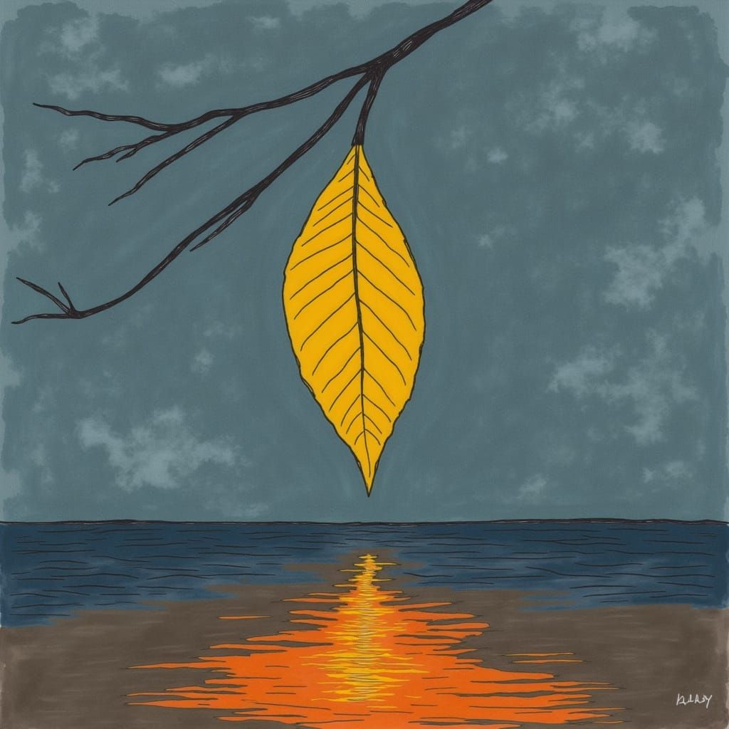 Vibrant Yellow Leaf Reflection in Moody Blue-Grey Water