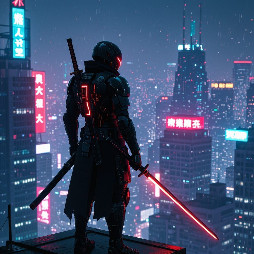 Cyberpunk Samurai Overlooking Neon Cityscape