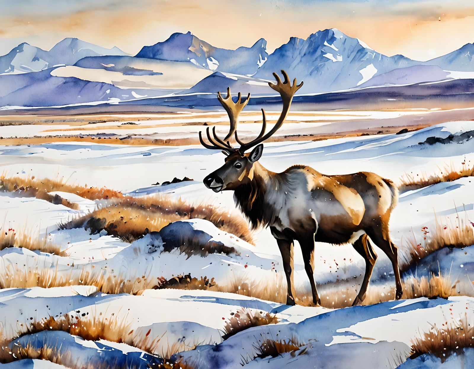 Reindeer on Tundra in Watercolor Style