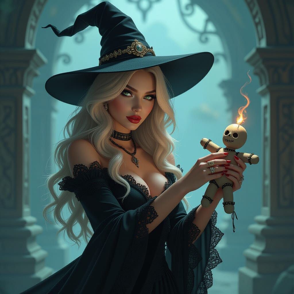 Blonde Witch Stabbing Voodoo Doll in Biomechanical Style