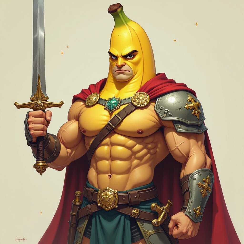 Muscular Banana Warrior with Sword and Cape