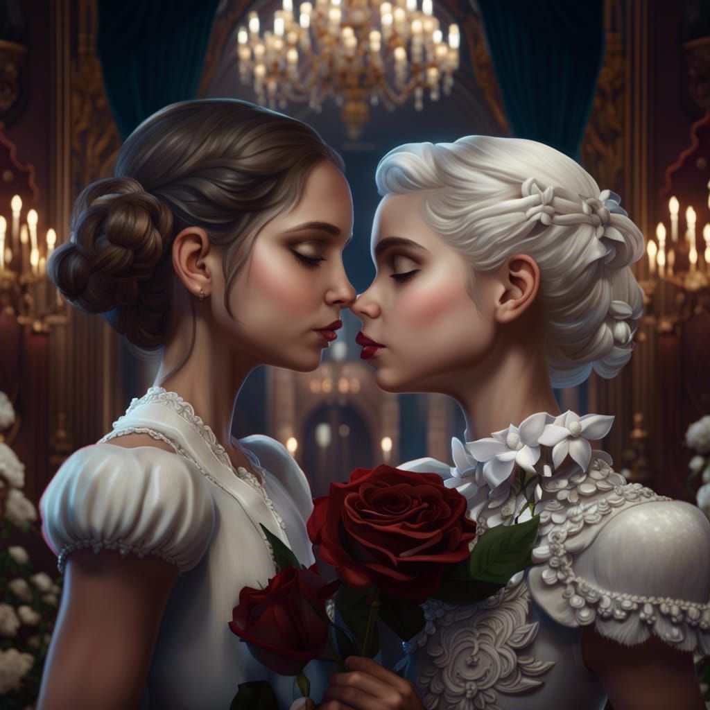 Girls Kissing in Ballroom: Detailed Fantasy Art