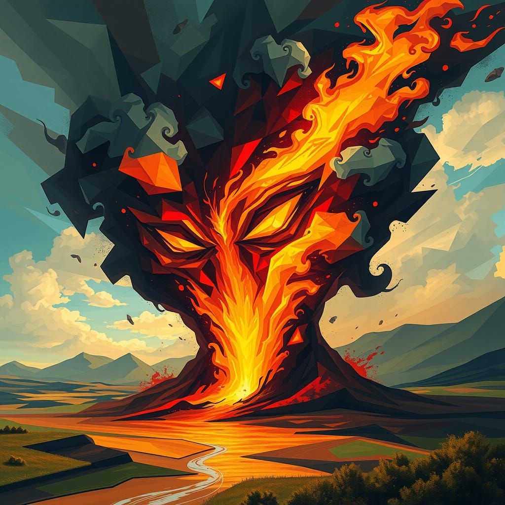 Dazzling Fire Tornado Unveils a Cubist Horror Face in a Vibr...