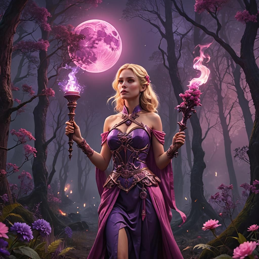 Woman with Floral Face Holding Torch, Fantasy Art