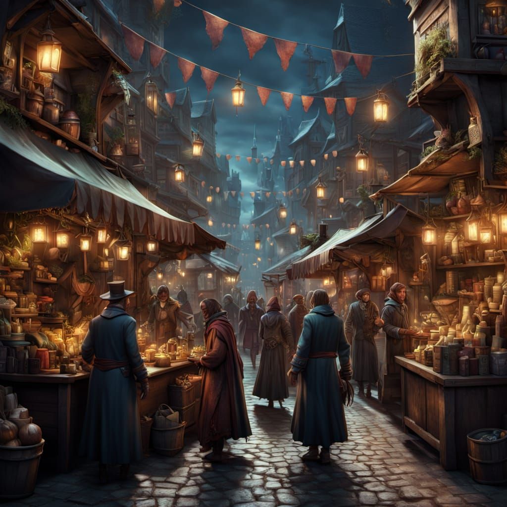 Fantastical Night Market Scene in Deep Color