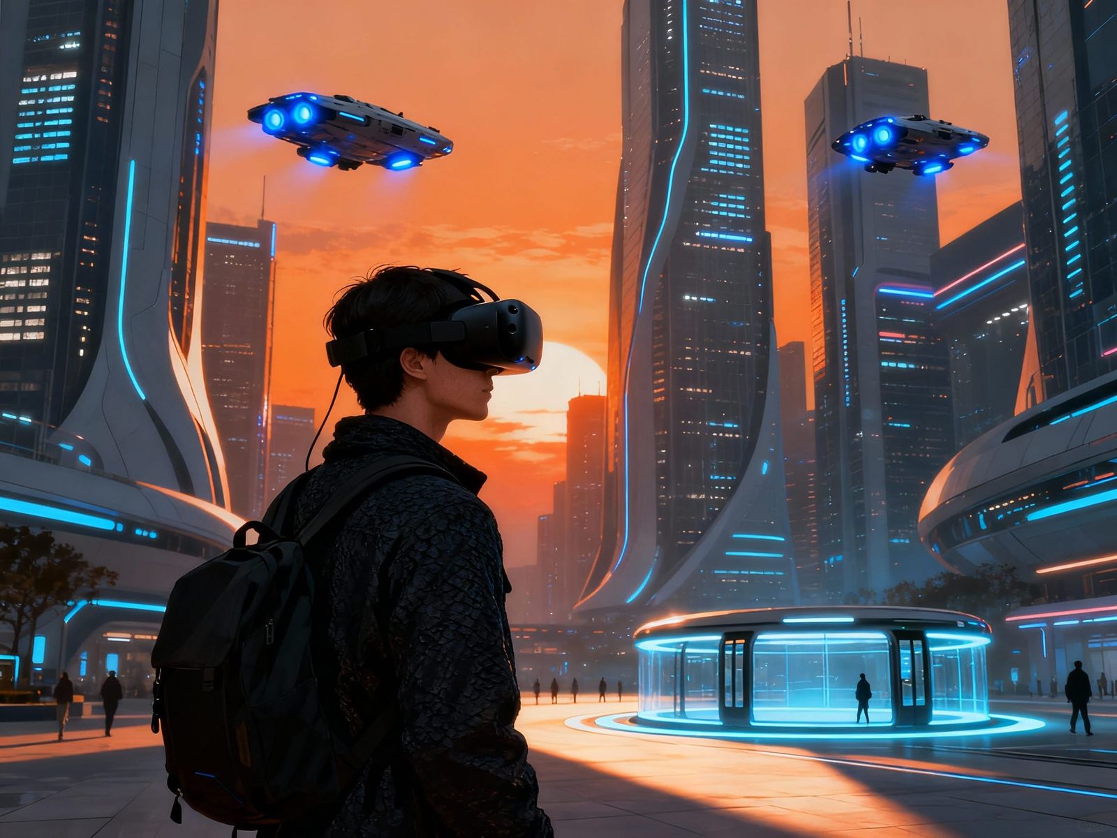 Futuristic Cityscape at Dawn with VR Figure