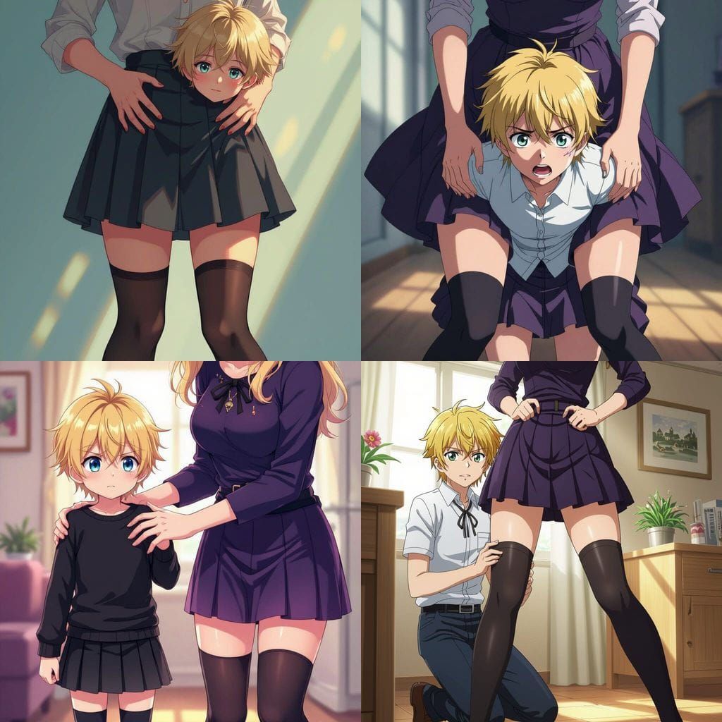 Anime Blonde Boy in Gothic Skirt and Thigh Highs