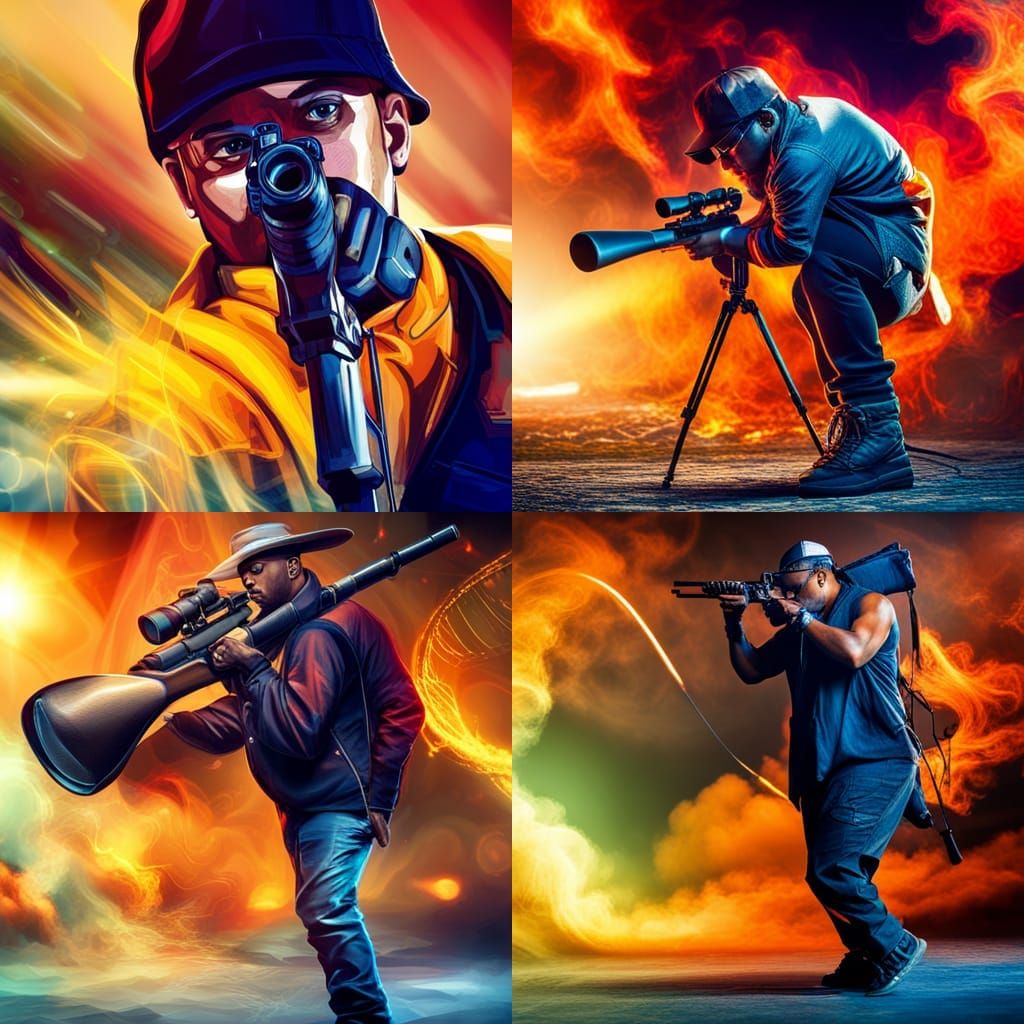 Hyperrealistic Rapper Holding a Rifle with Scope Mic